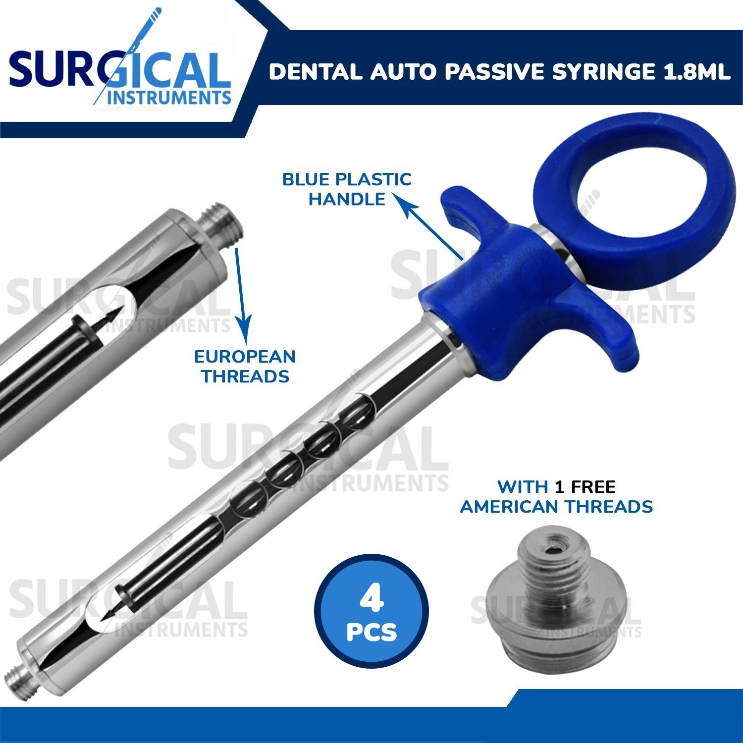 4 Pcs Dental Anesthetic Syringes 1.8ml Cartridge Auto Passive Blue German Grade