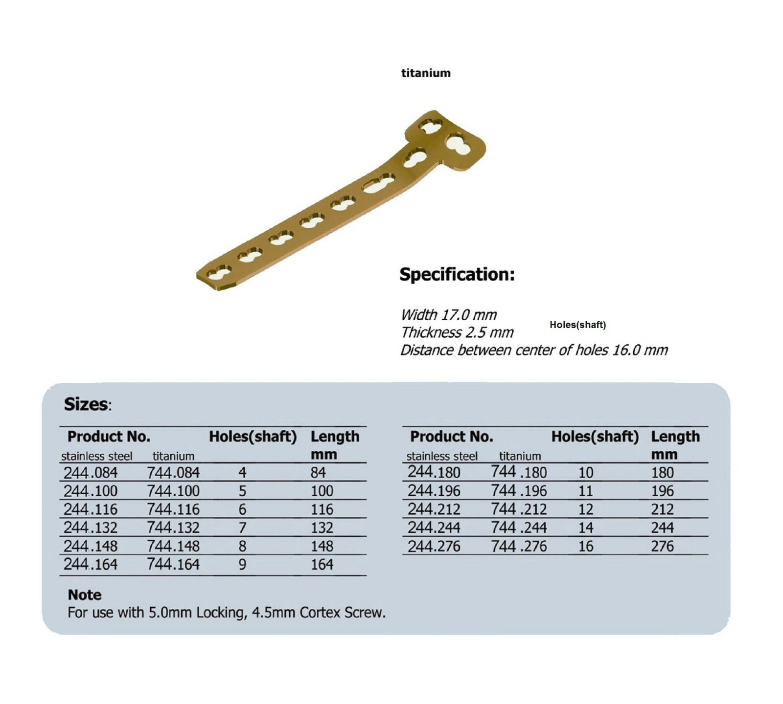 LCP T-PLATE 4.5/5.0 HOLES (SHAFT) IN TITANIUM (20 ITEMS PER LOT)