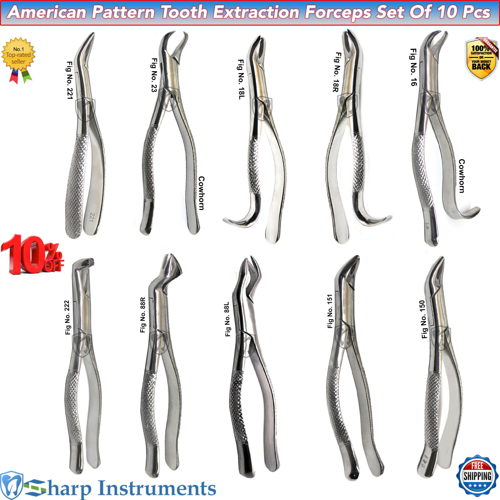 10/Pcs Kit Dental Extraction Forceps Upper Lower Orthodontic Surgical Instrument