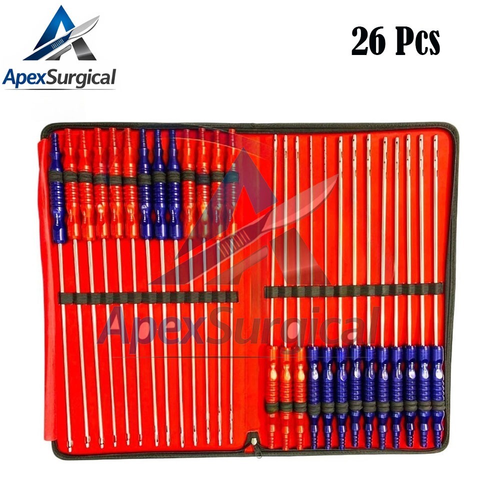 Fixed Handle Cannula Set of 26 pieces Liposuction Surgical Set with Pouch