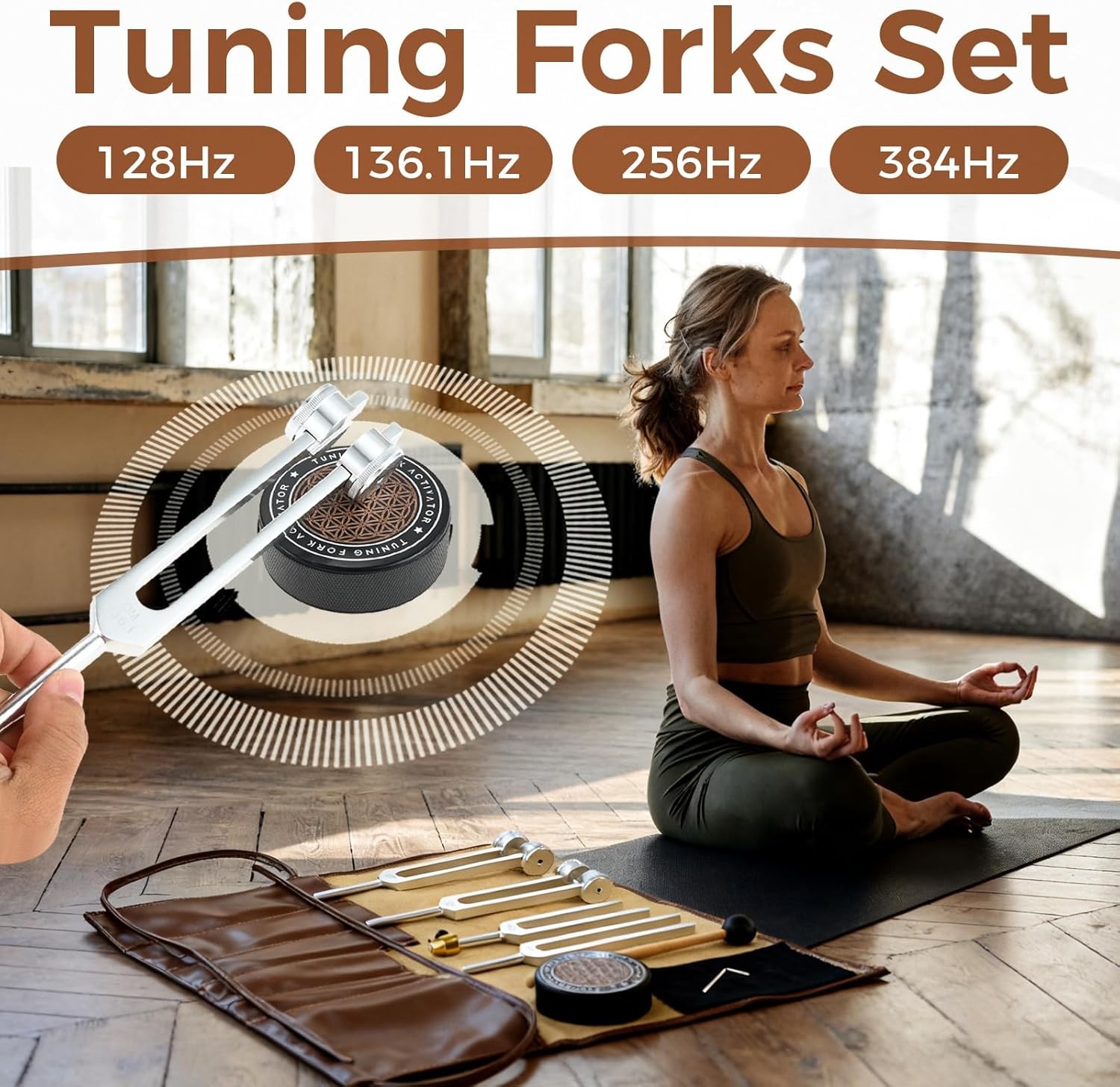 Tuning Forks Healing Set 128Hz 136.1Hz 256Hz 384Hz with Brown Leather Pouch