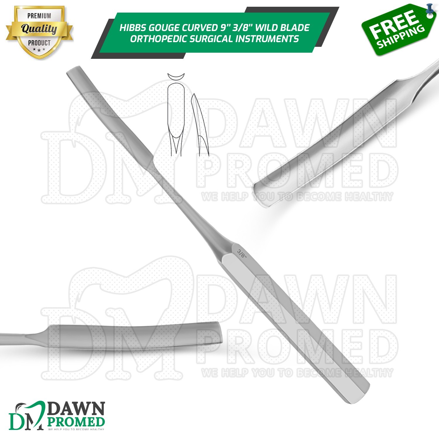 HIBBS Orthopedic Bone Gouge 9″ Curved 3/8″ Blade Surgical Instrument German Gr