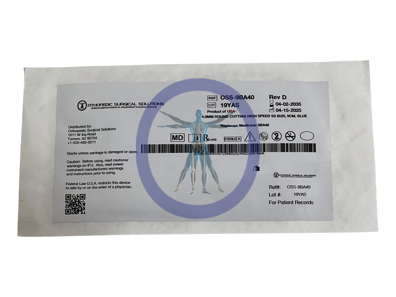 Orthopedic Surgical-Medtronic 9BA40 4.0mm Round Cutting High Speed SS Bur, 9cm