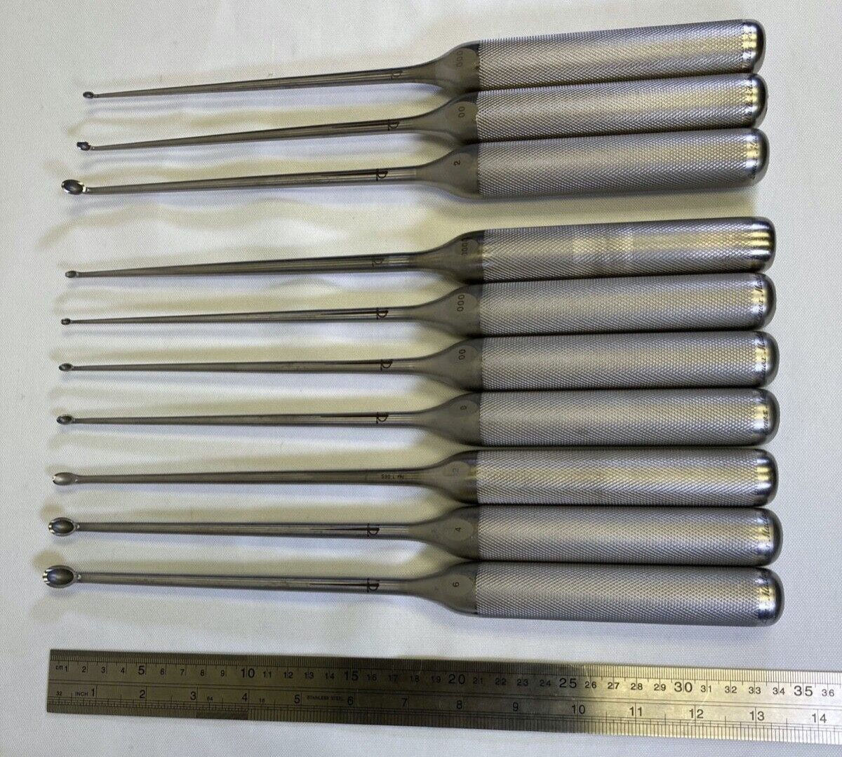 Set of 10 Wallie Heinig Lenox Maclaren 13.5″ Straight & Forward Angled Curettes