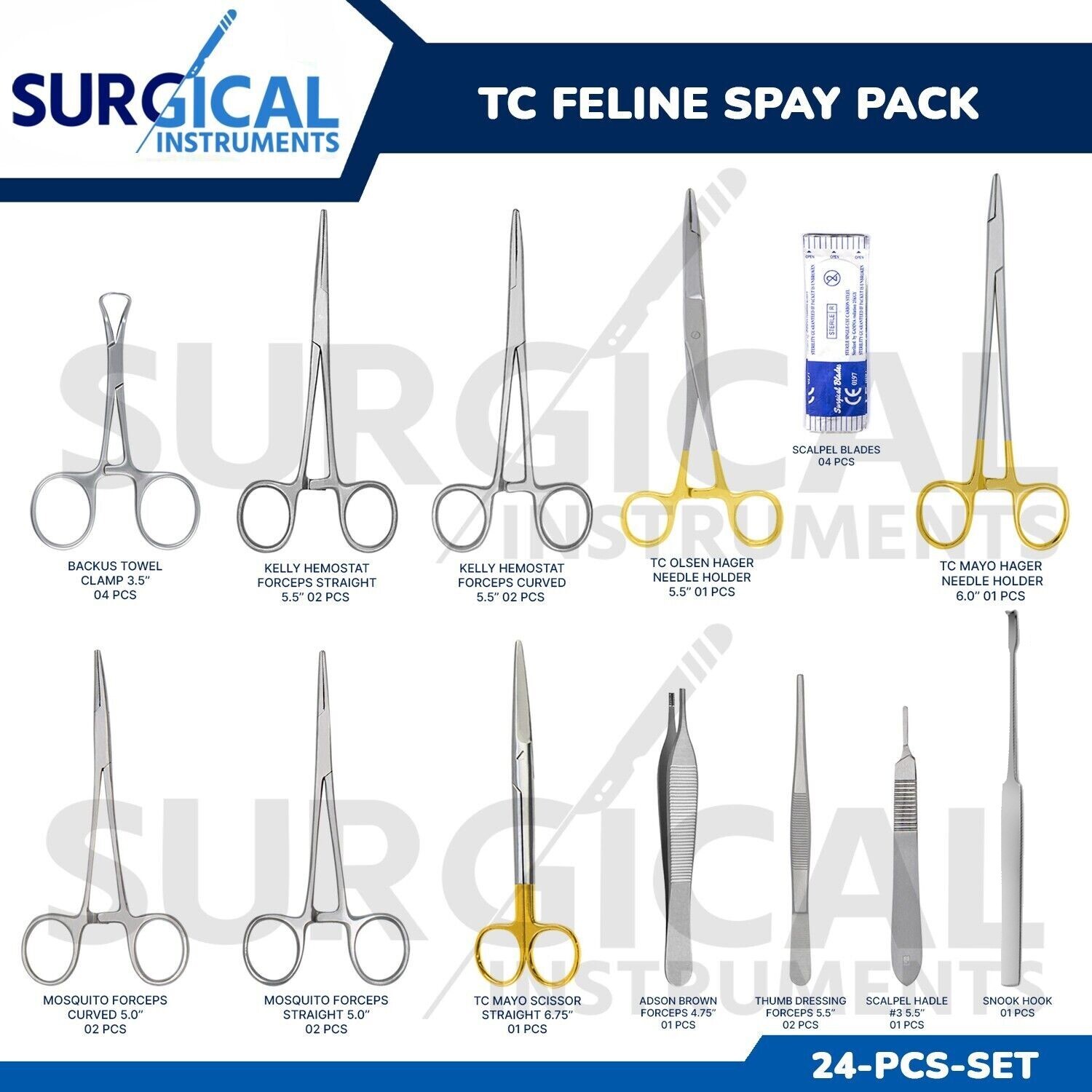24 Pcs Feline Spay Pack Set Kit Stainless Surgical Veterinary with TC Inserts
