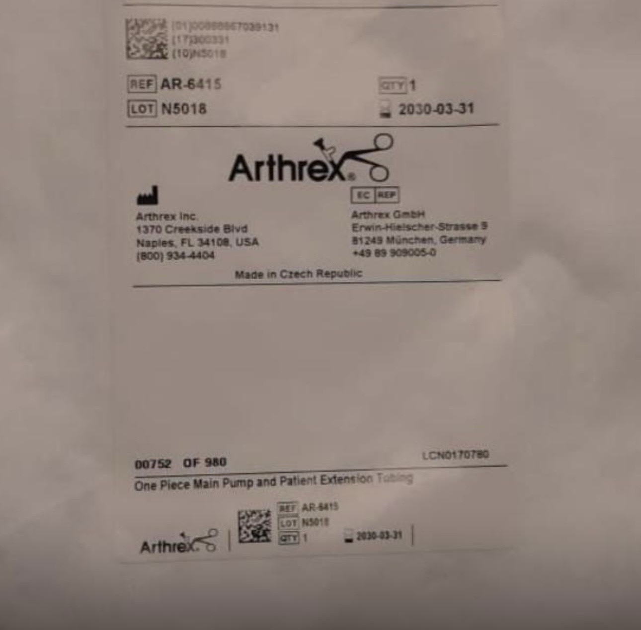 Arthrex Arthroscopy Pump Inflow Tubing AR-6410. One Each