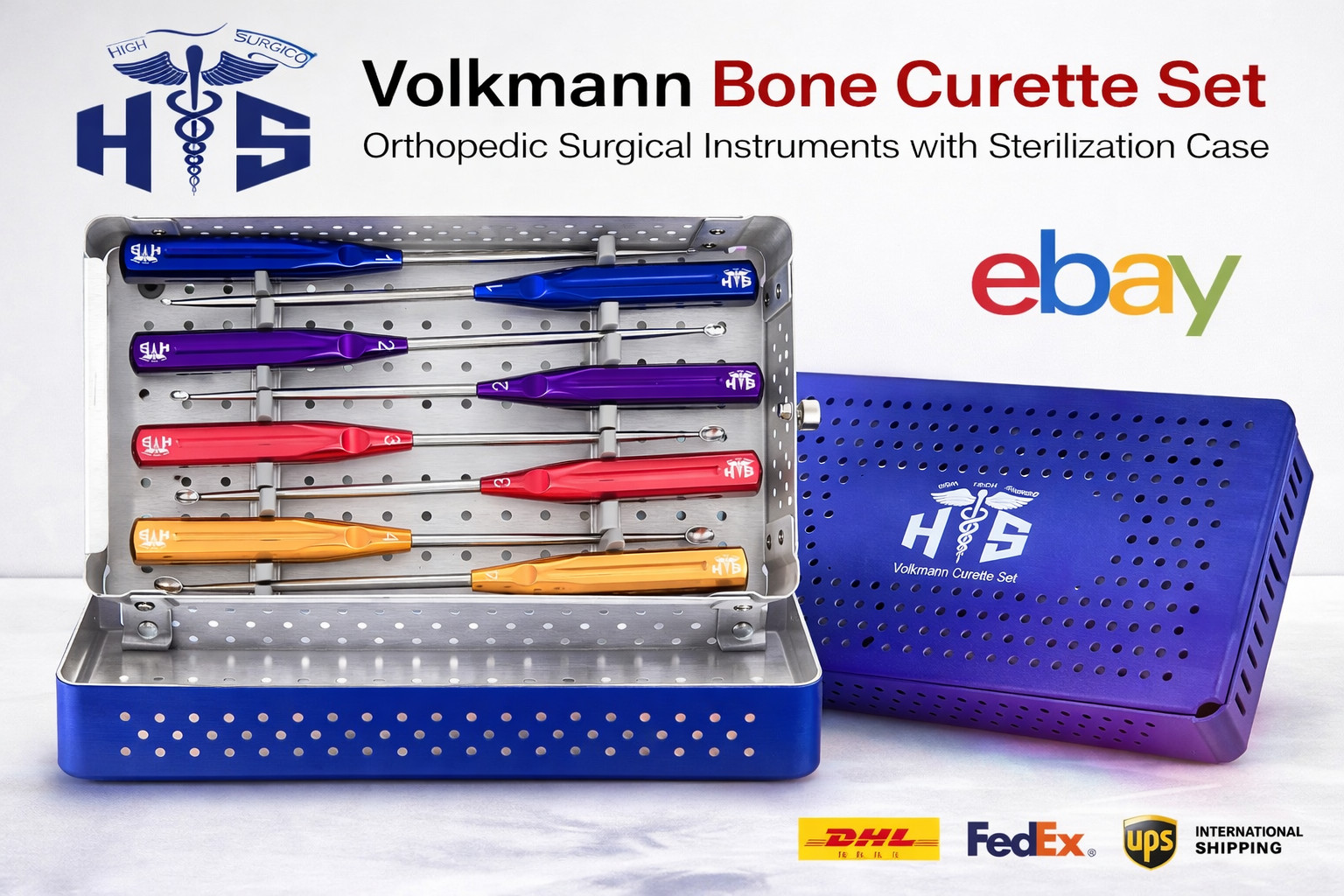 Volkmann Bone Curette Set 8 Pc Orthopedic Surgical Instruments with sterile Case
