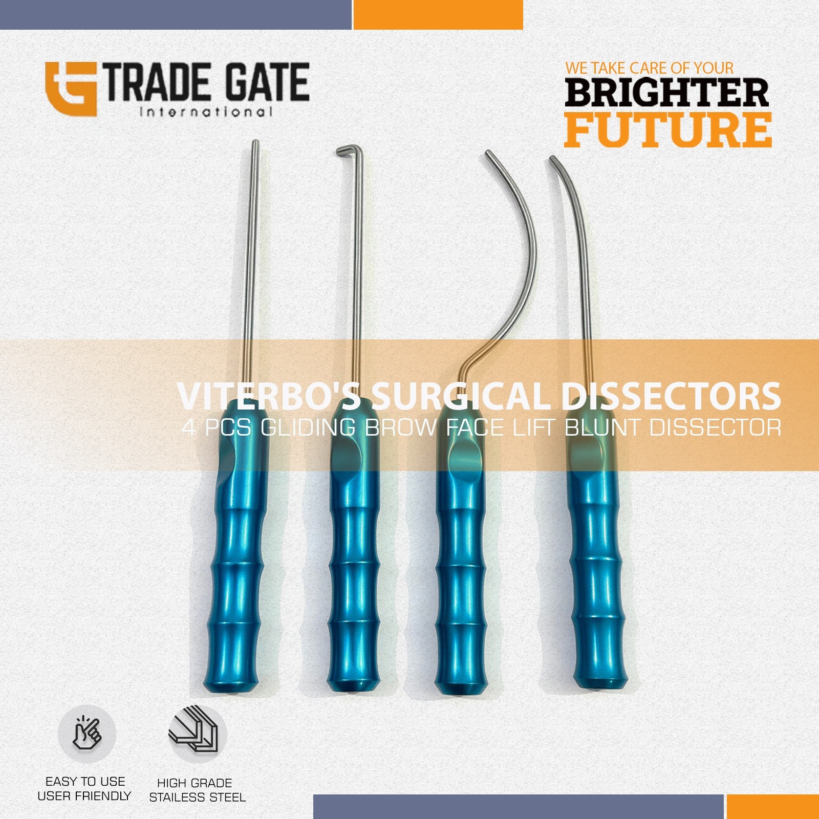 Viterbo’s Surgical Dissector Set 4pcs Facelift Gliding Brow Lift Plastic Surgery