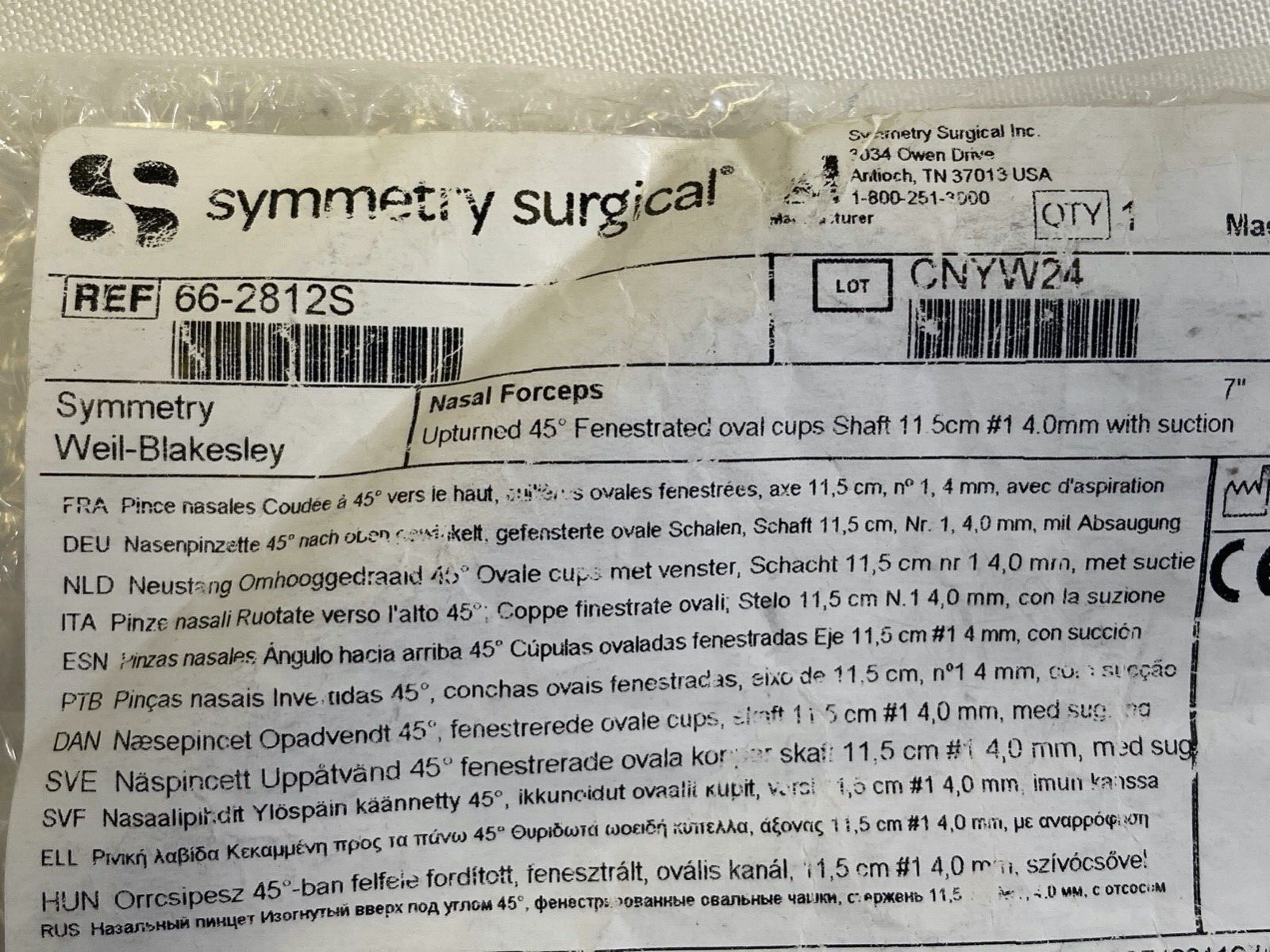 Symmetry 66-2812S Weil-Blakesley #1 Nasal Forcep Fenestrated Oval Cups w Suction