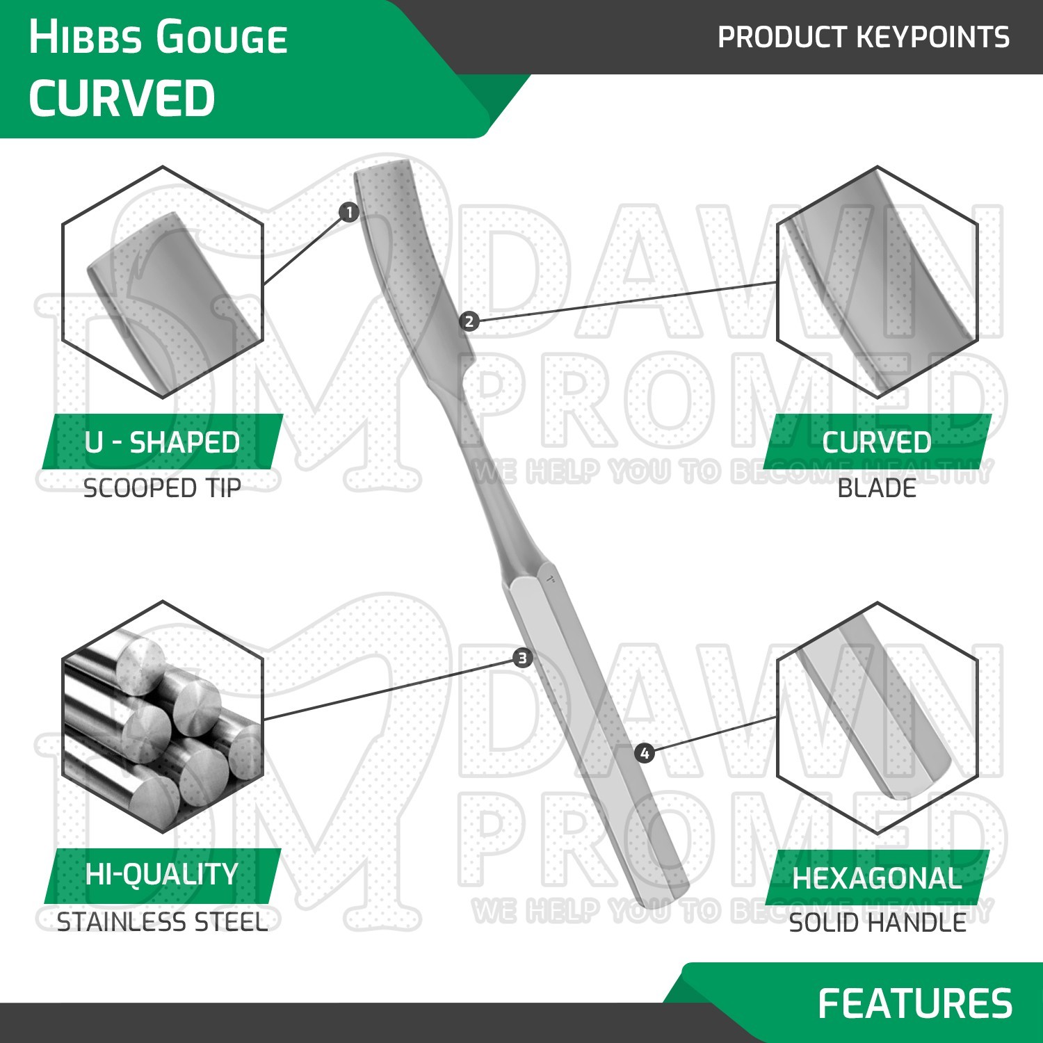 HIBBS Orthopedic Bone Gouge 9″ Curved 1″ Blade Surgical Instrument German Gr