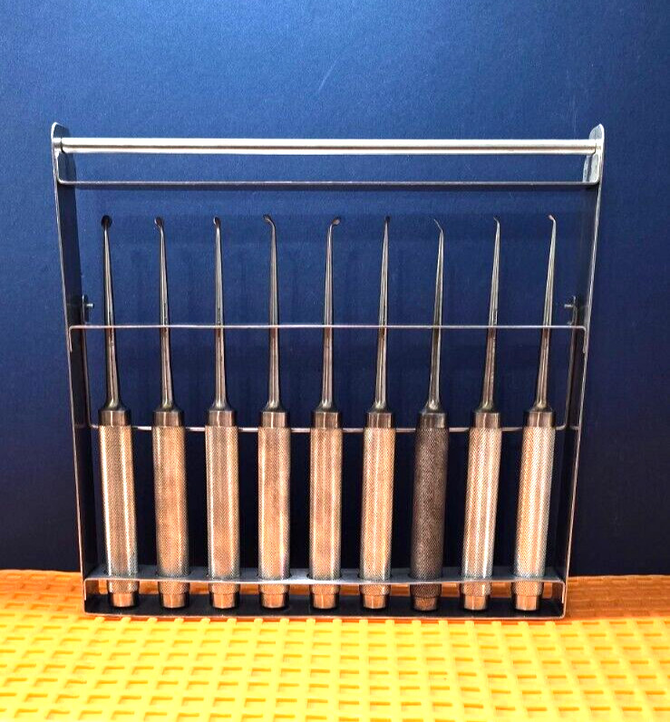 JARIT 240-085 Orthopedic Cobb Curettes Oval Cup Angled Tip Set of 9 With Rack