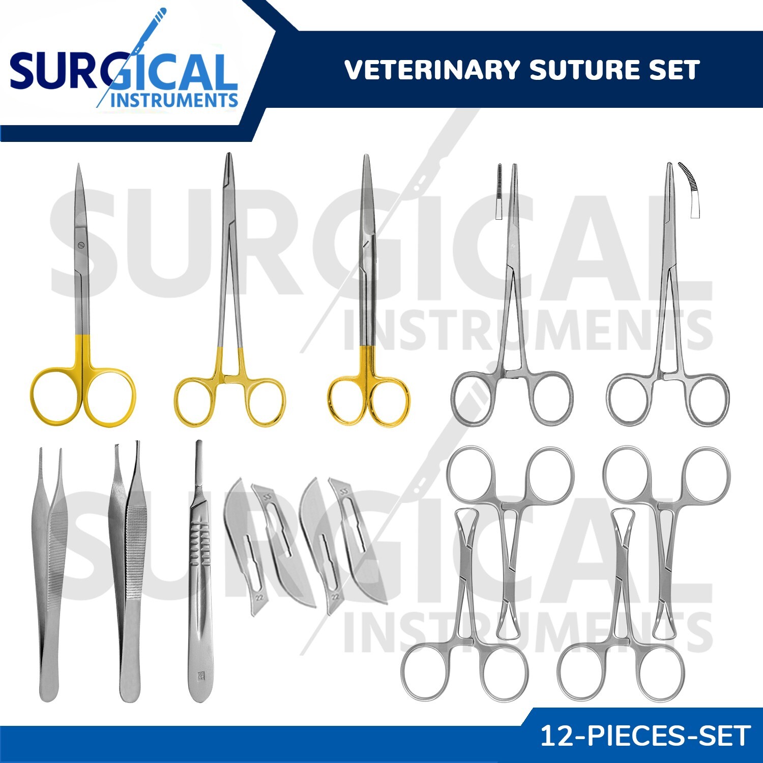 12 Pcs Veterinary Suture Set W/FREE Blades German Grade Surgical Instruments Kit