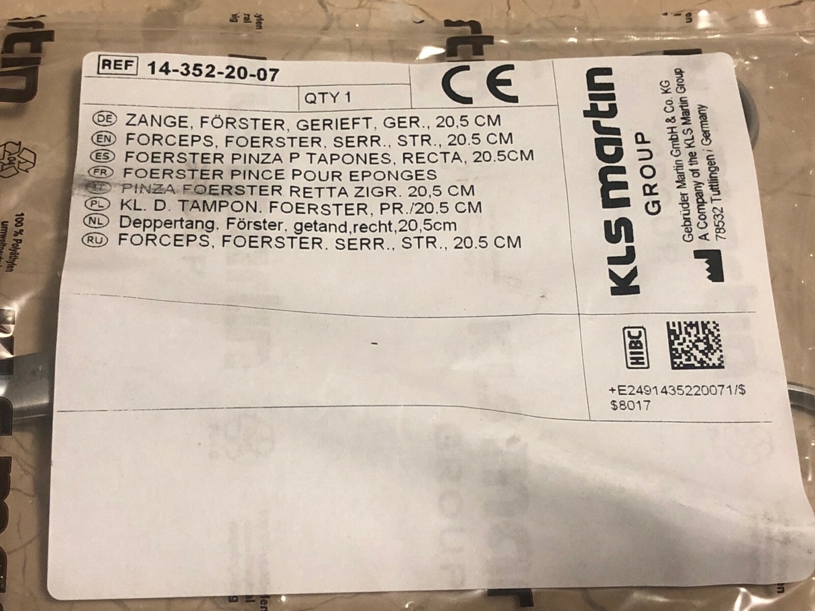 KLS MARTIN Cotton swap forceps 14-352-20-07 Foerster serrated straight 20.5 cm