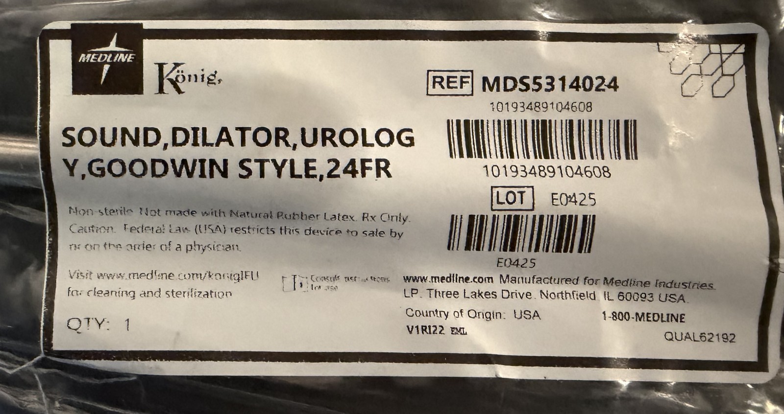 Medline Konig MDS5314024 Goodwin Style Urology Sound Dilator 24FR Surgical