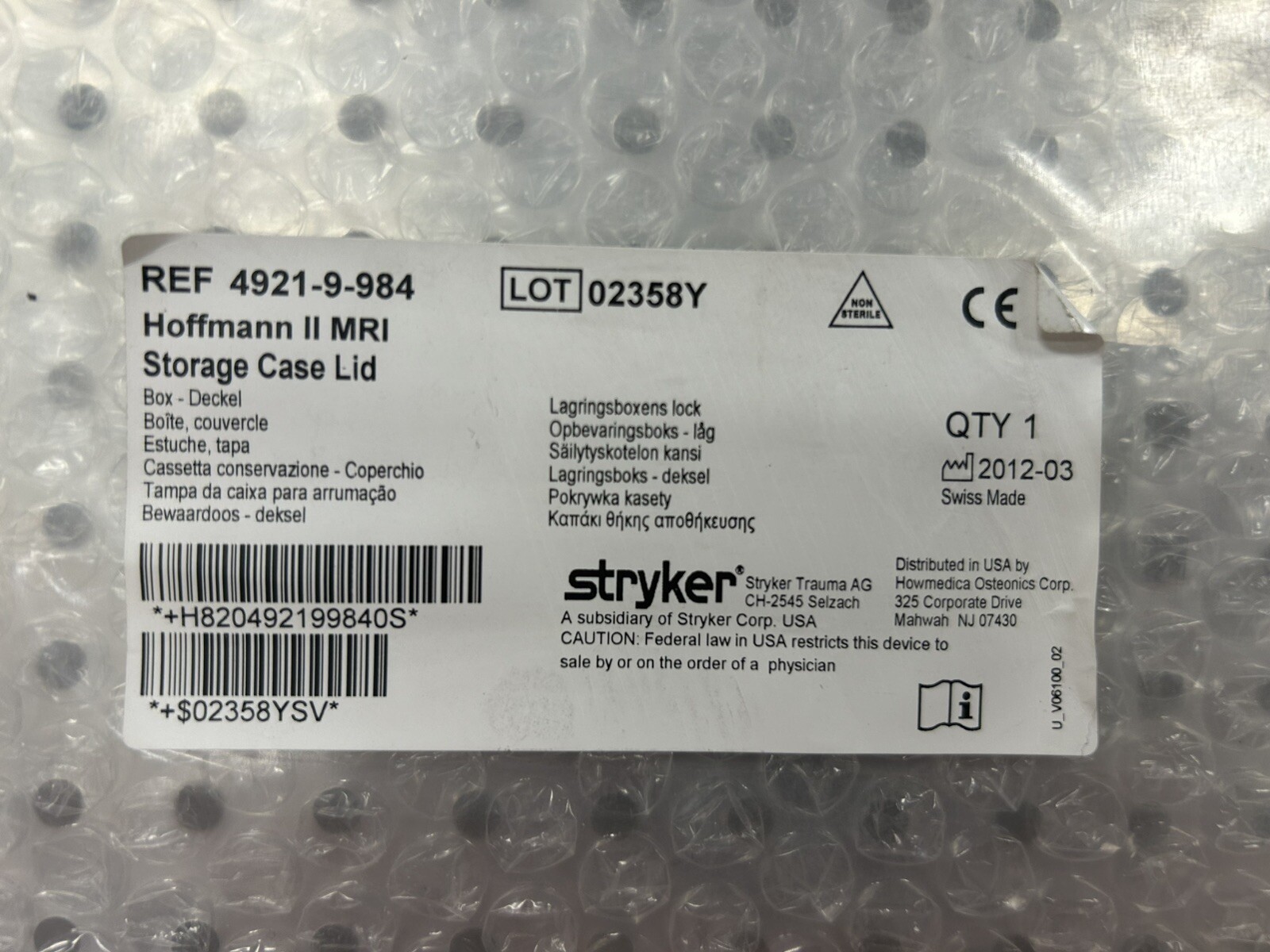 Stryker 4921-9-984 Hoffmann II MRI Storage Case Lid