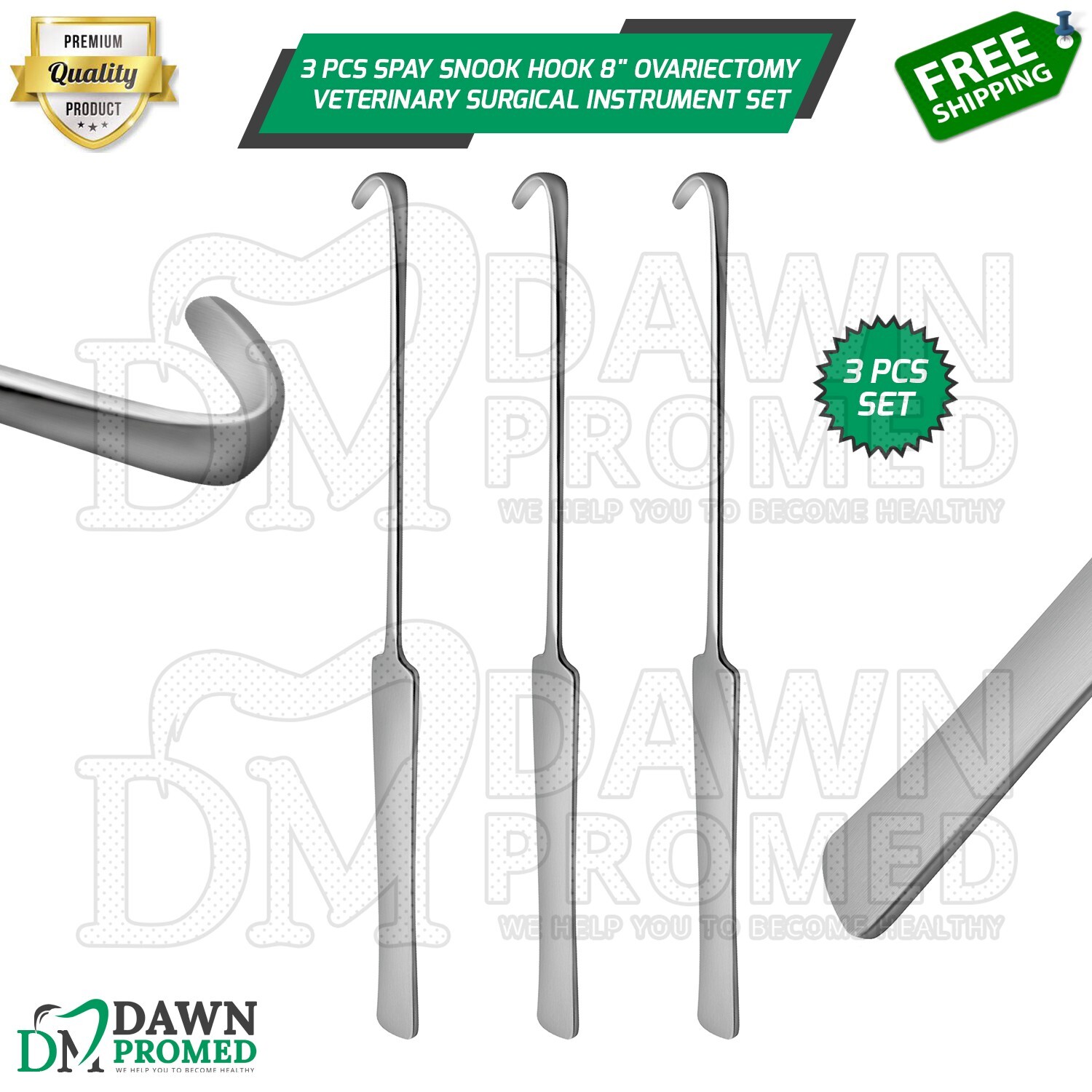 3 Pcs Spay Snook Hook 8″ Ovariectomy Veterinary Surgical Instrument Set German G