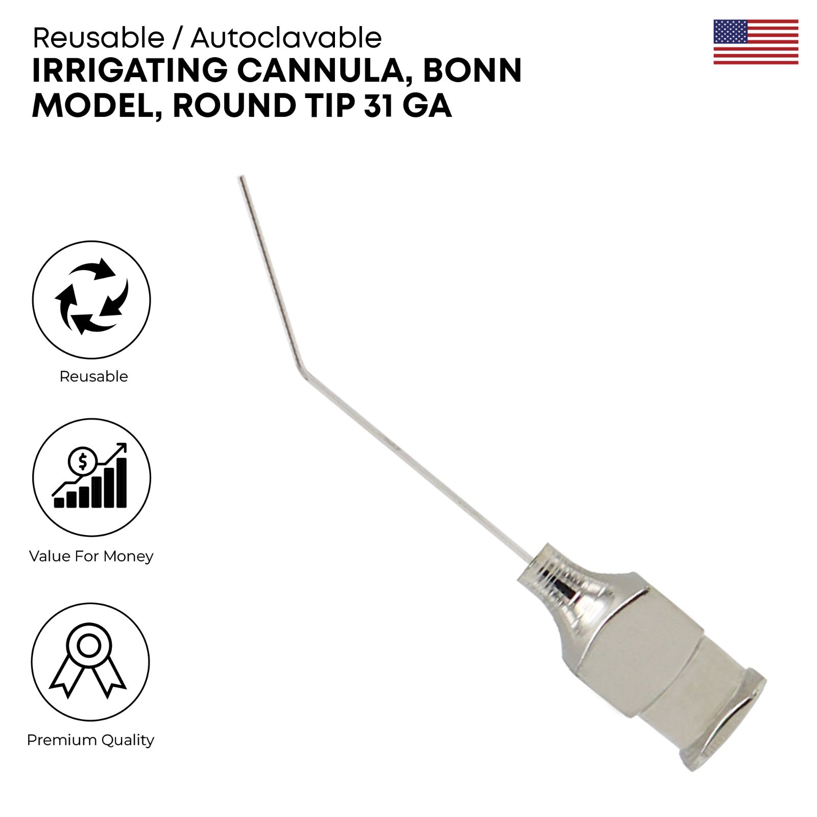 Irrigating Cannula Bonn Model Round Tip 31ga Stainless Steel Surgical Instrument