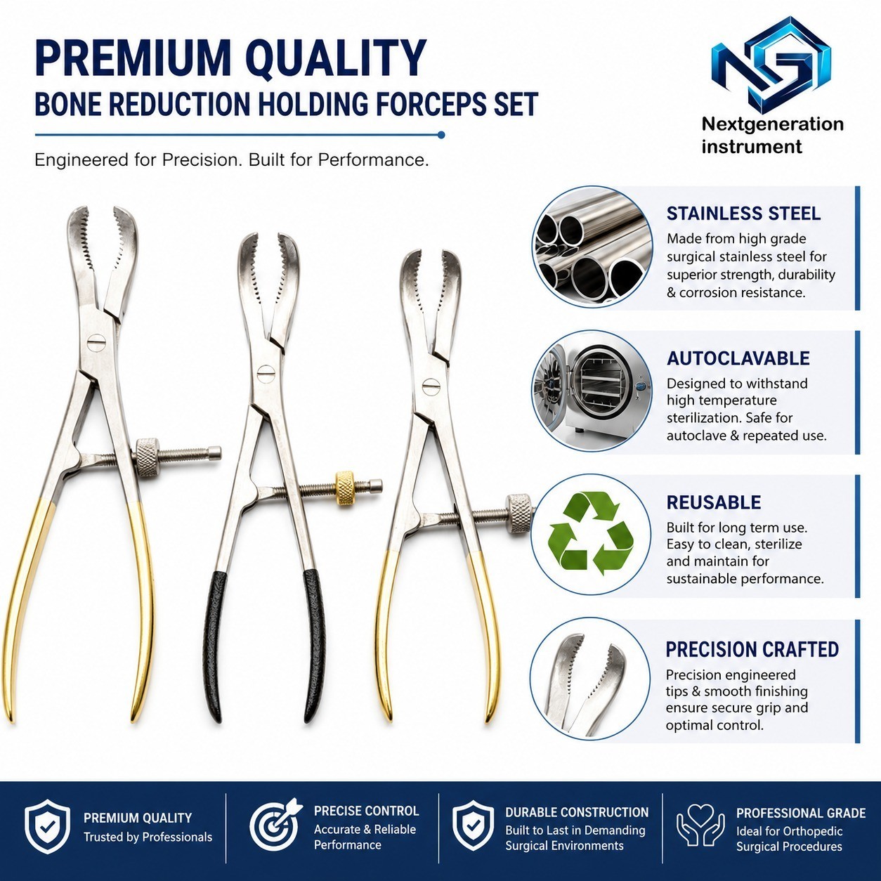 Bone Reduction Holding Forceps 3PCS Orthopedic Surgical Stainless Instrument Set