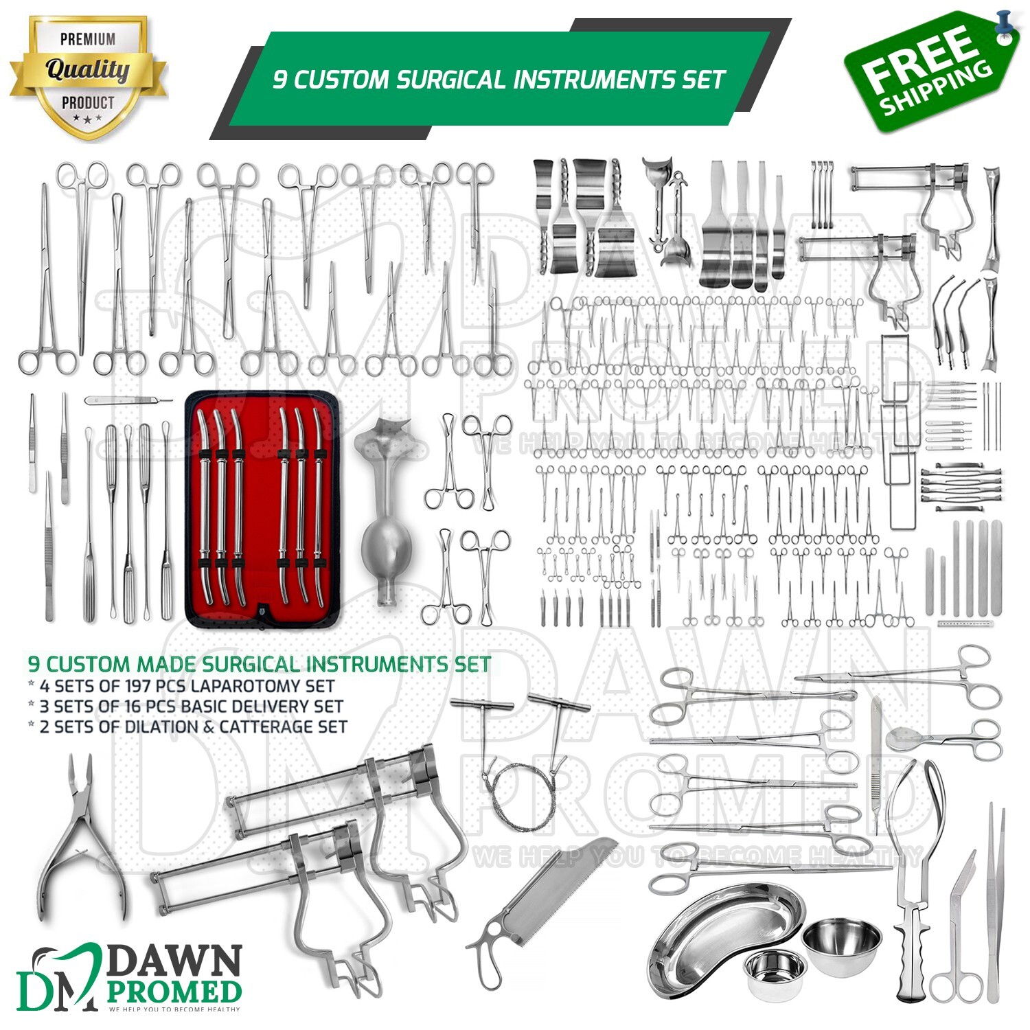9 Custom Surgical Instruments Sets for Vaginal, D&C, Laparotomy, Delivery Set