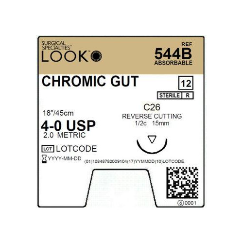 Look X544B Chromic Gut Absorbable Sutures 4-0 18″ C26 3/8 Circle 15mm 12/Pk