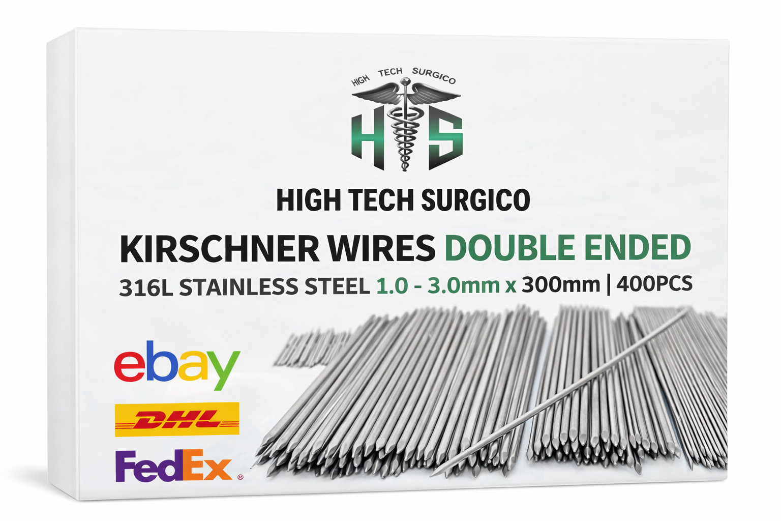 Kirschner Wires Double Ended 400 PCS Set Stainless Steel 316L K-Wires 1.0–3.0mm