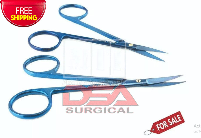Iris Supercut 4.5” Scissors Straight & Curved Blue Coated Plastic Surgery 2 Pc