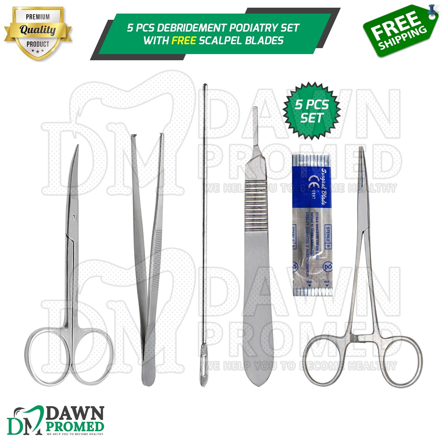 5 Pcs Debridement Podiatry Set With FREE Scalpel Blades German Grade Instruments