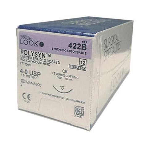 Look 422B PolySyn PGA Braided Absorbable Reverse Cut Sutures C6 4-0 27″ 12/Bx