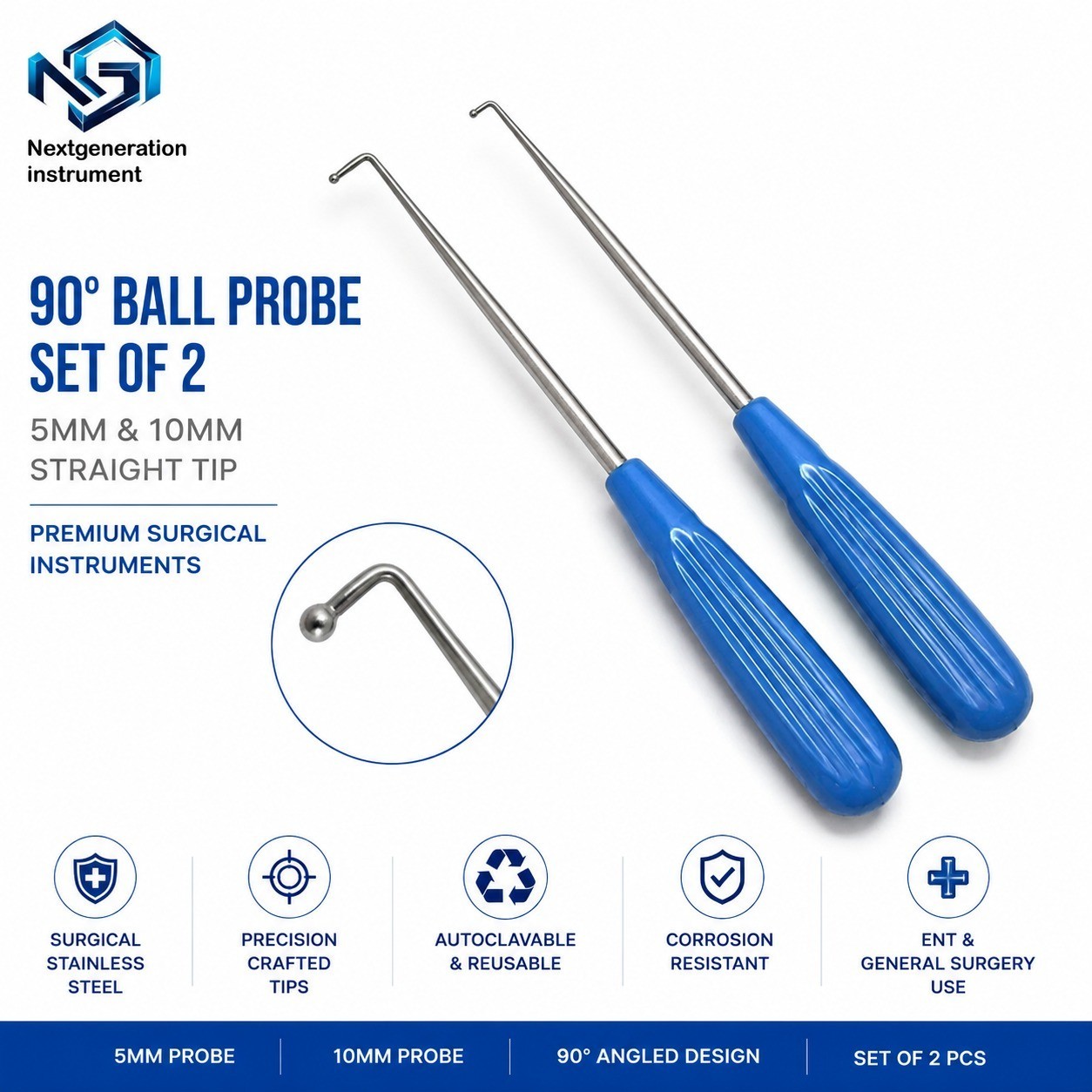 90° Ball Probe Set 5mm & 10mm Surgical Stainless Steel ENT Instrument 2PCS Set