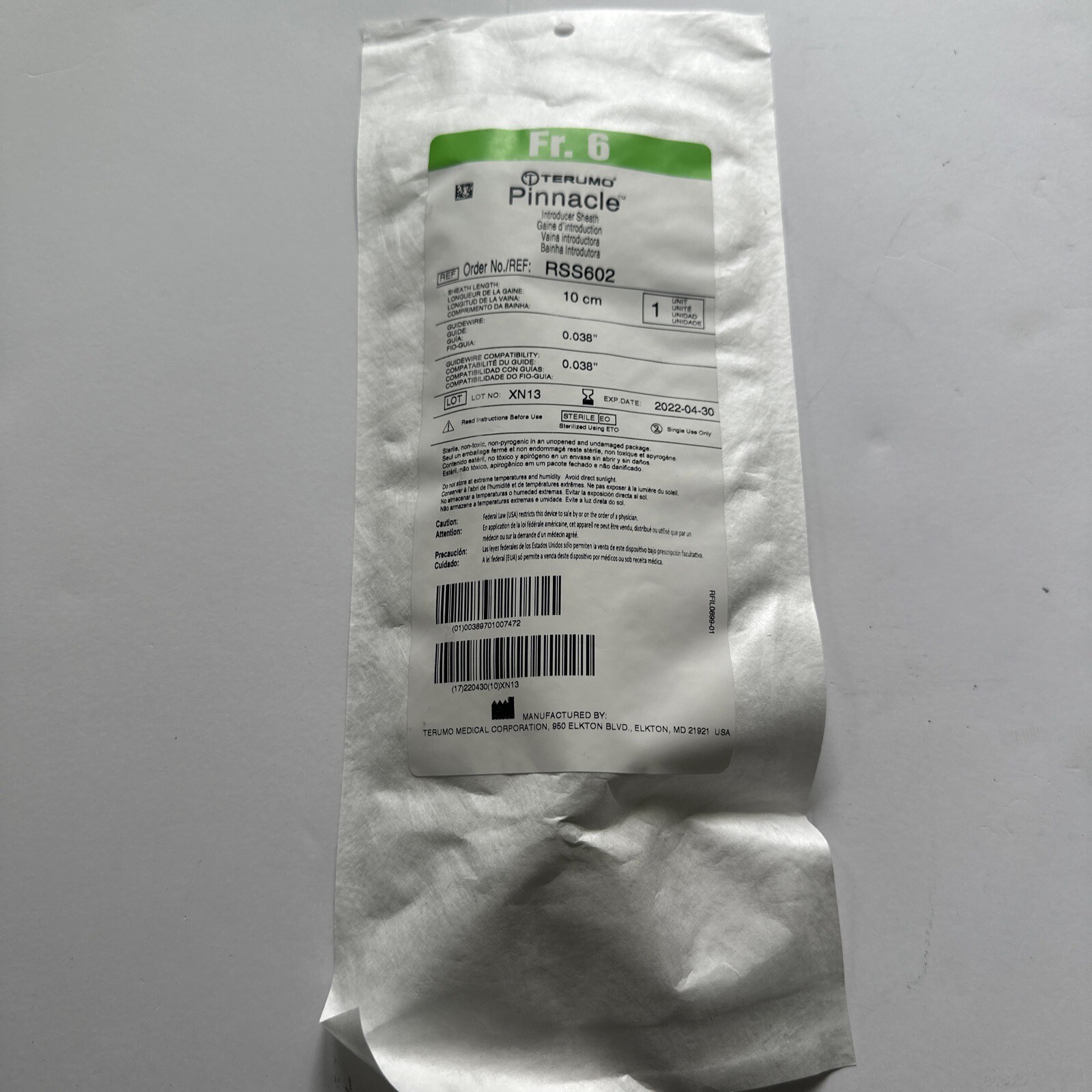 RSS602 FR. 6 SHEATH INTRODUCER 9FR 10CM 2.5CM DILATOR .038IN GUIDEWIRE