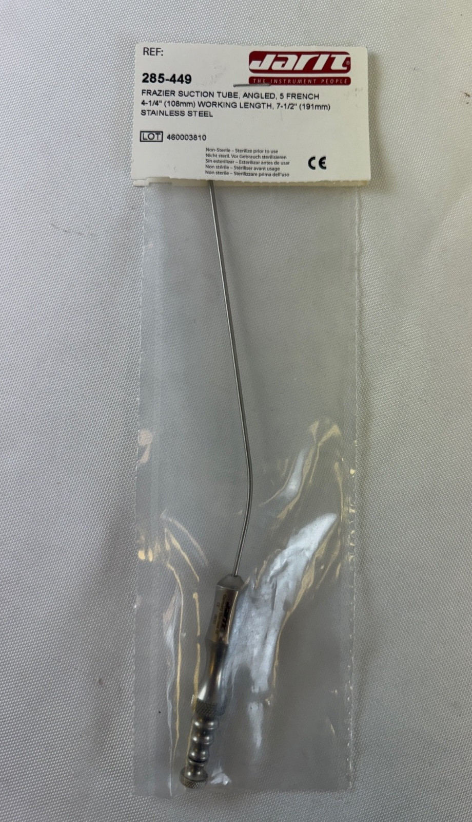 Jarit 285-449 Frazier Suction Tube Angled 5Fr WL: 4.25″ (108mm) L: 7.5″ (191mm)