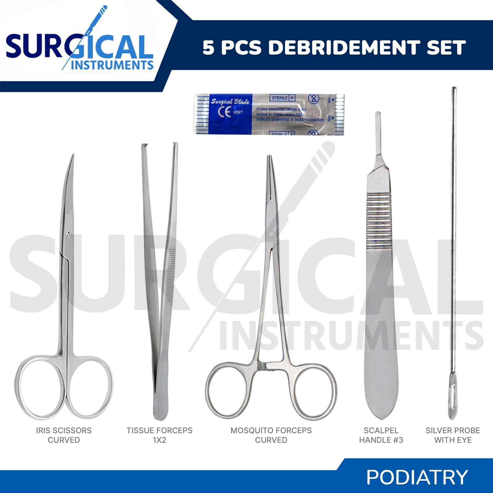 5 Pcs Debridement Pack Kit Stainless Steel Podiatry Instruments Set German Grade