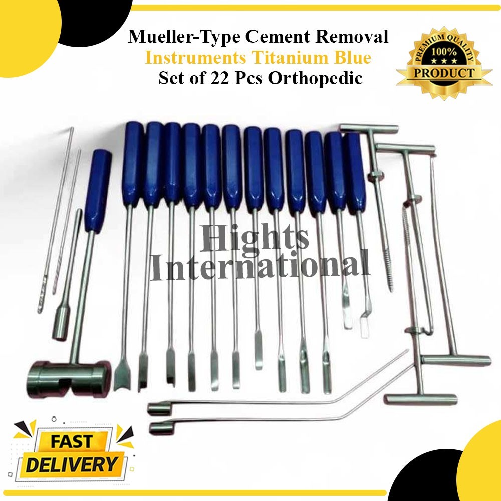 Mueller-Type Cement Removal Instruments Titanium Blue Set of 22 Pcs Orthopedic