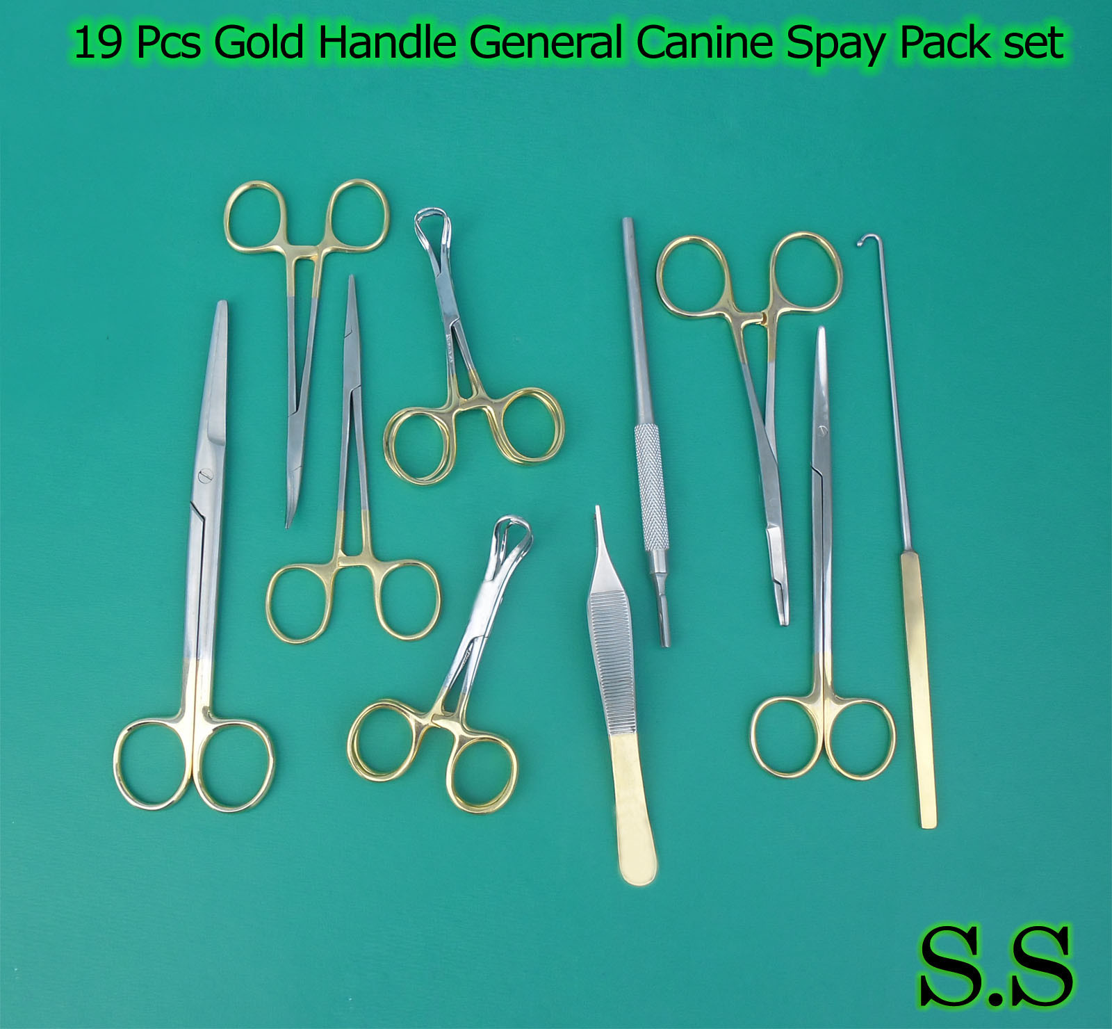 19 PCS GOLD HANDLE GENERAL CANINE SPAY PACK SURGICAL INSTRUMENTS SET KIT DS-1054