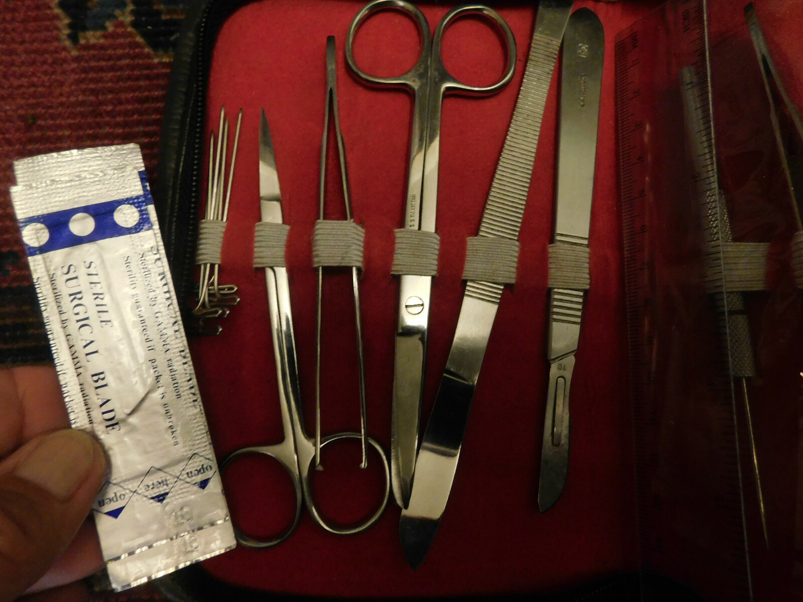 Vtg Kit Metal Surgery Instruments Travel Emergency in Case Scalpels Picks Pins +