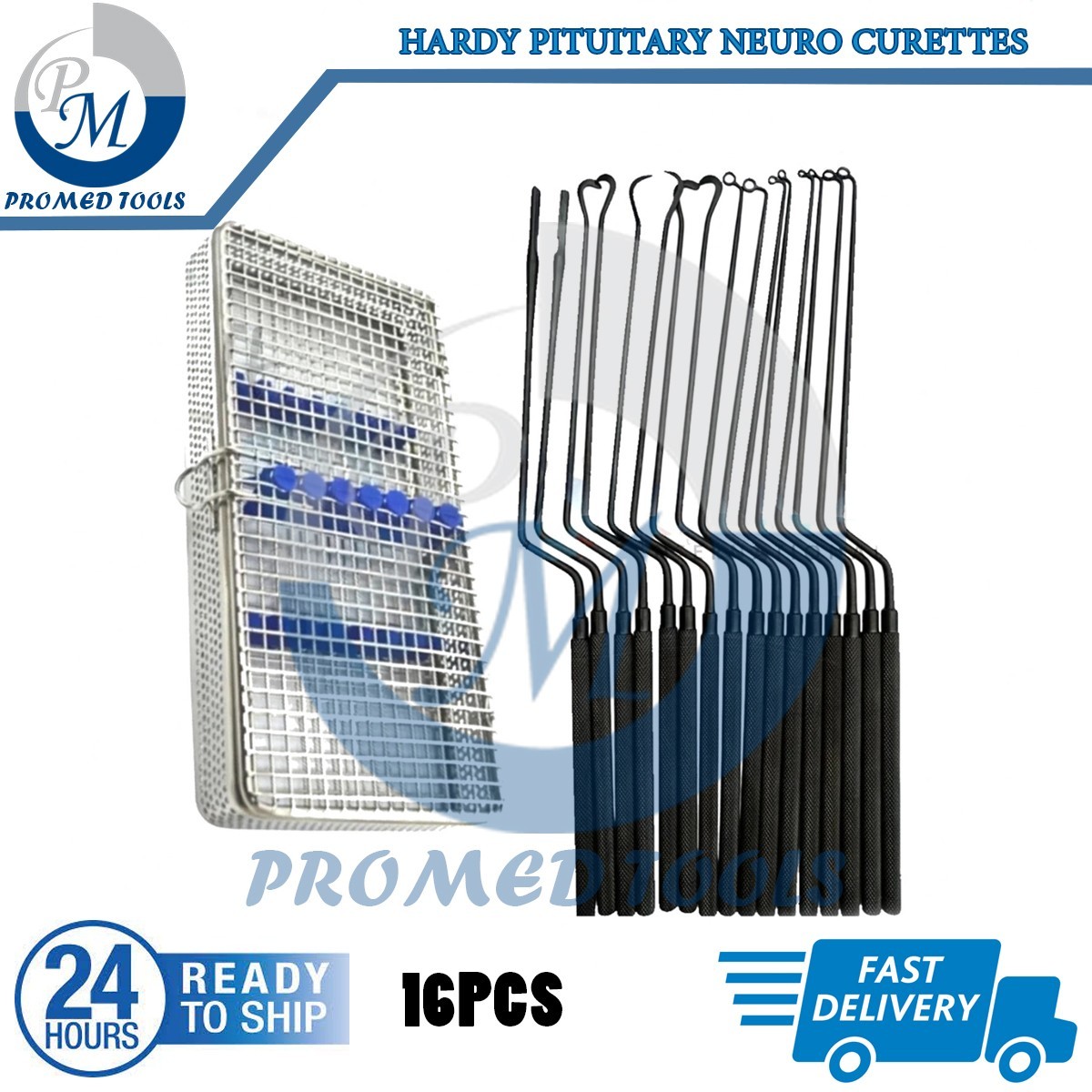 Hardy Pituitary Neuro Curettes Black Set Of 16 with Sterilization Mesh Box