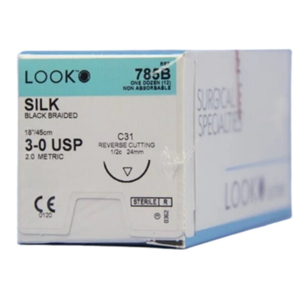 Look X785B Silk 3-0 Black Sutures 18″ C31 1/2 Circle Reverse Cutting 24mm 12/Pk