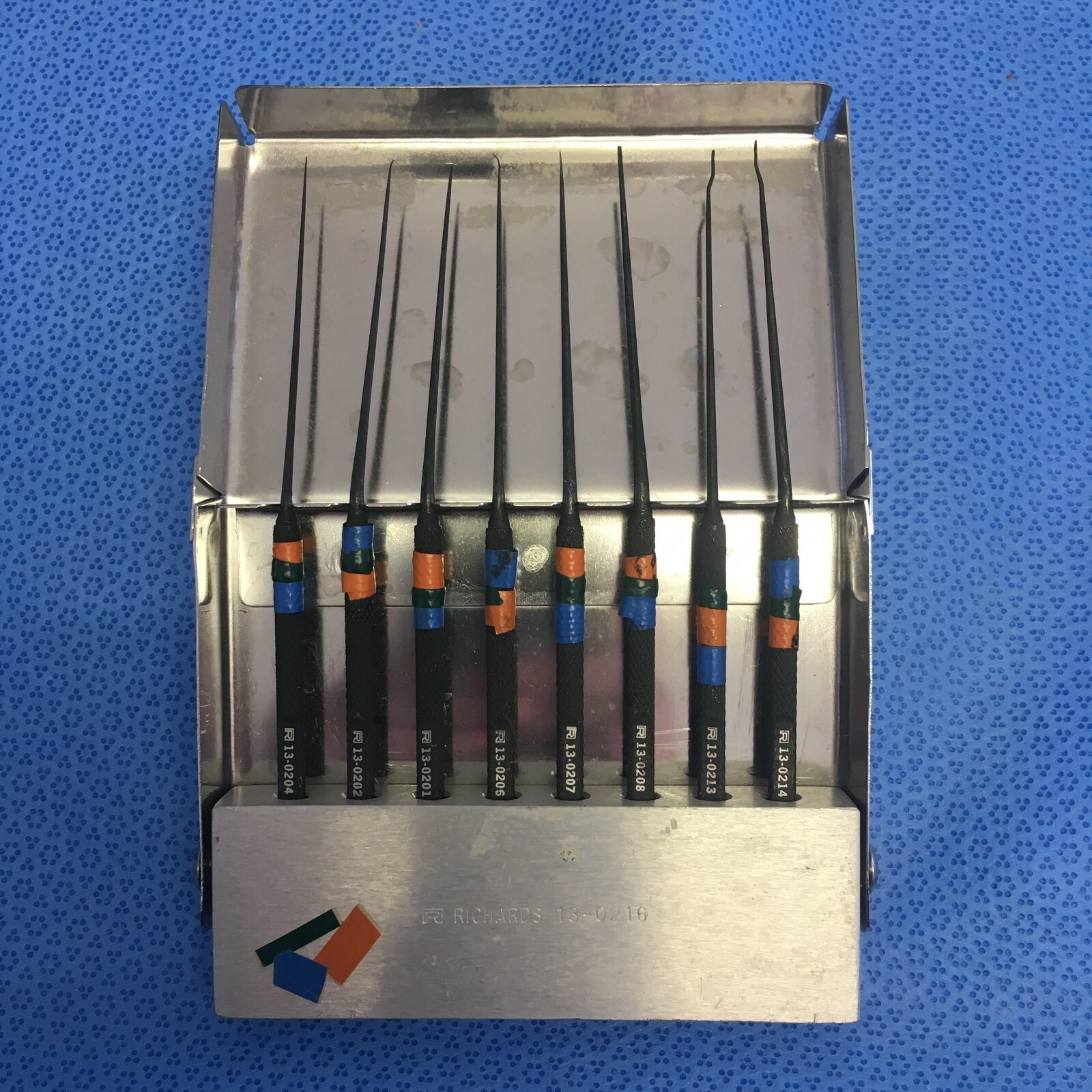 8-Piece Richards 13-0216 Anodized Blackened Angled pick Set Myringotomy Ent