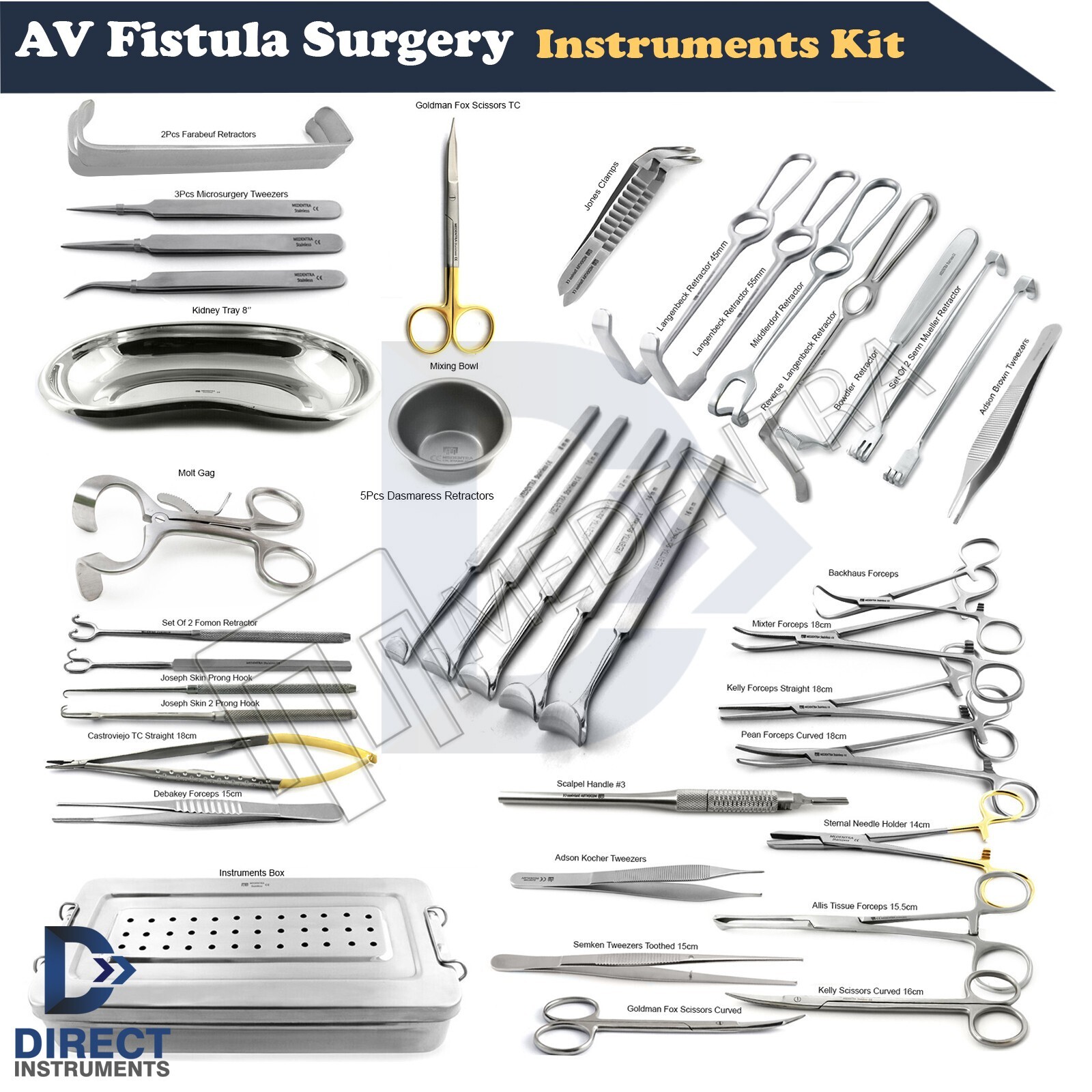 AV Fistula Surgery Instruments Set of 42 Arteriovenous Surgical Set Box