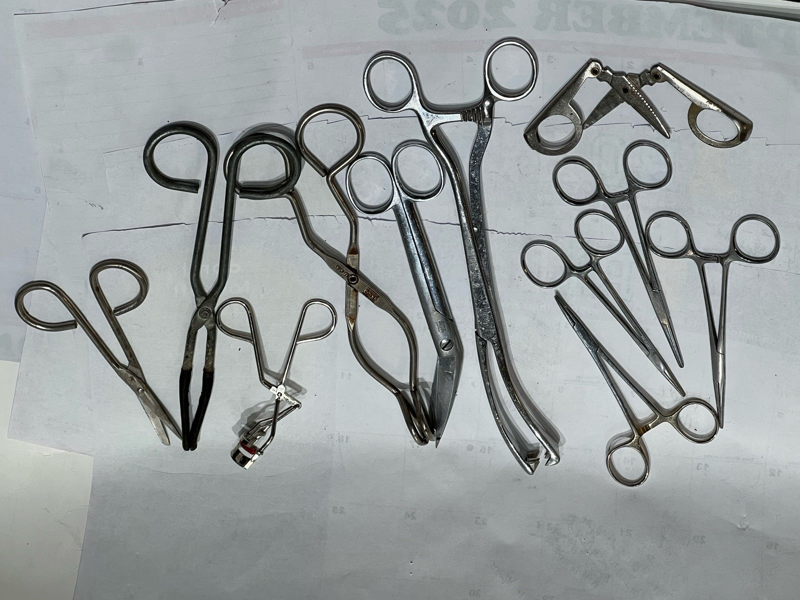 Vintage Surgical Medical Instruments Lot of 12–Scissors, Metal Tongs, Forceps+