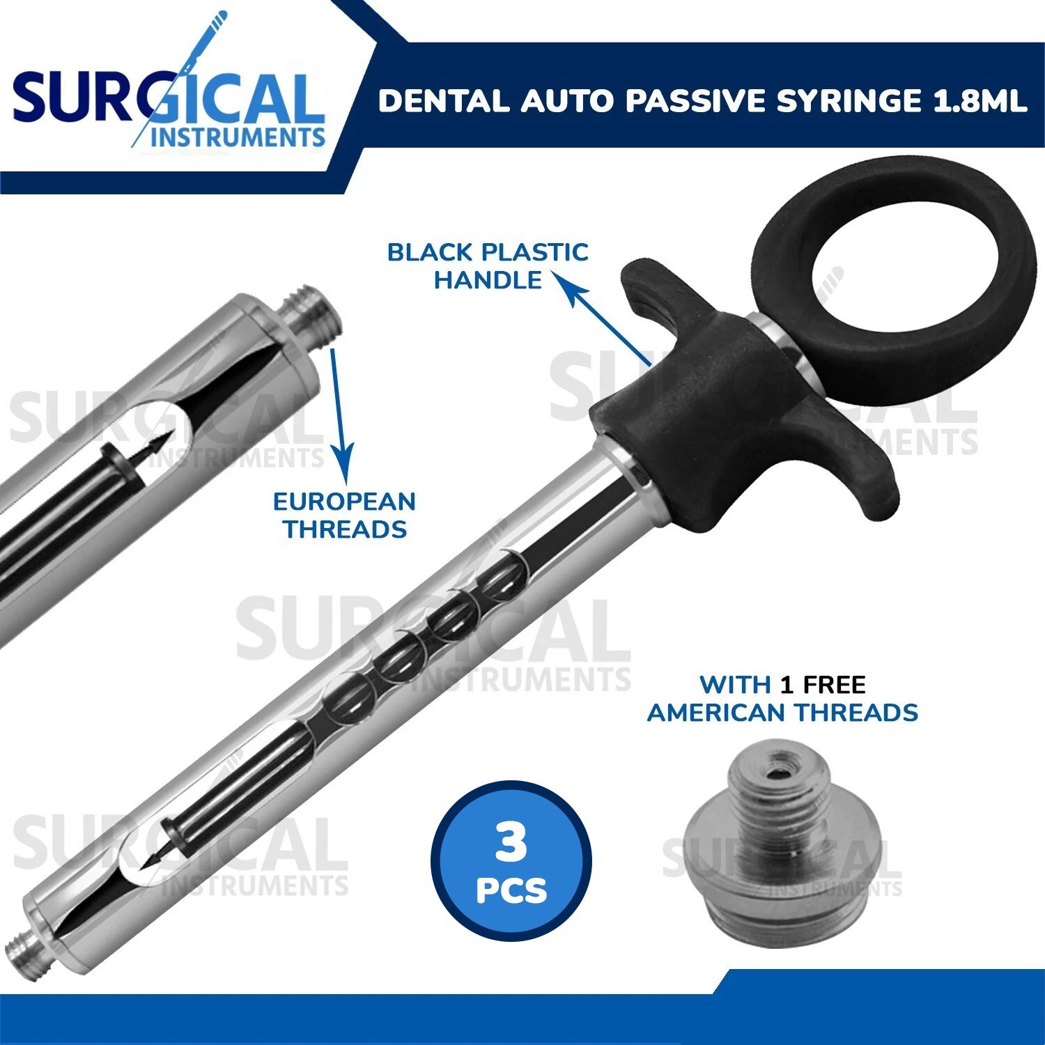 3 Pcs Dental Anesthetic Syringes 1.8ml Cartridge Auto Passive Black German Grade