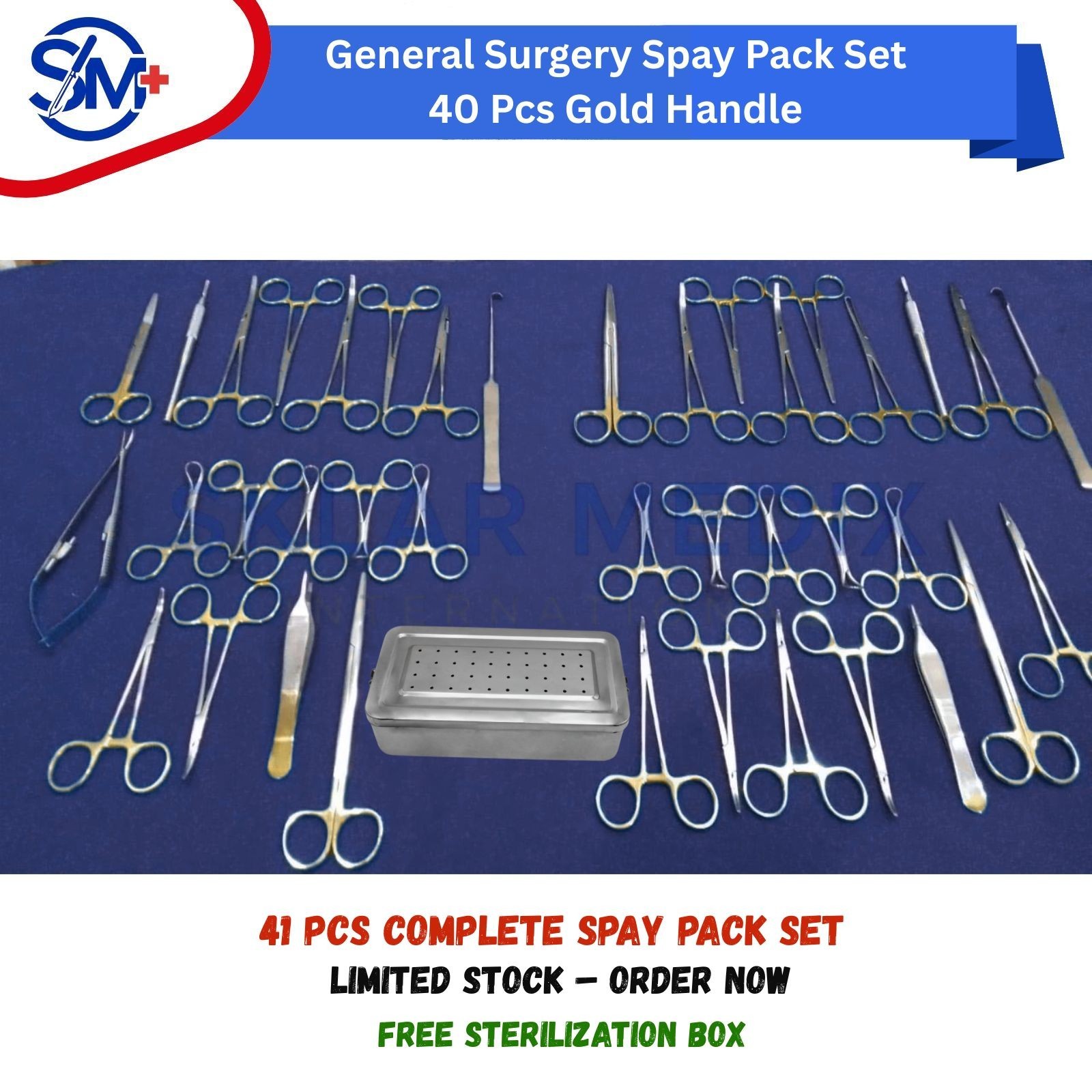 General Surgery Vet Spay Pack Set 40 Pcs Gold Handle Surgical Instruments Kit CE