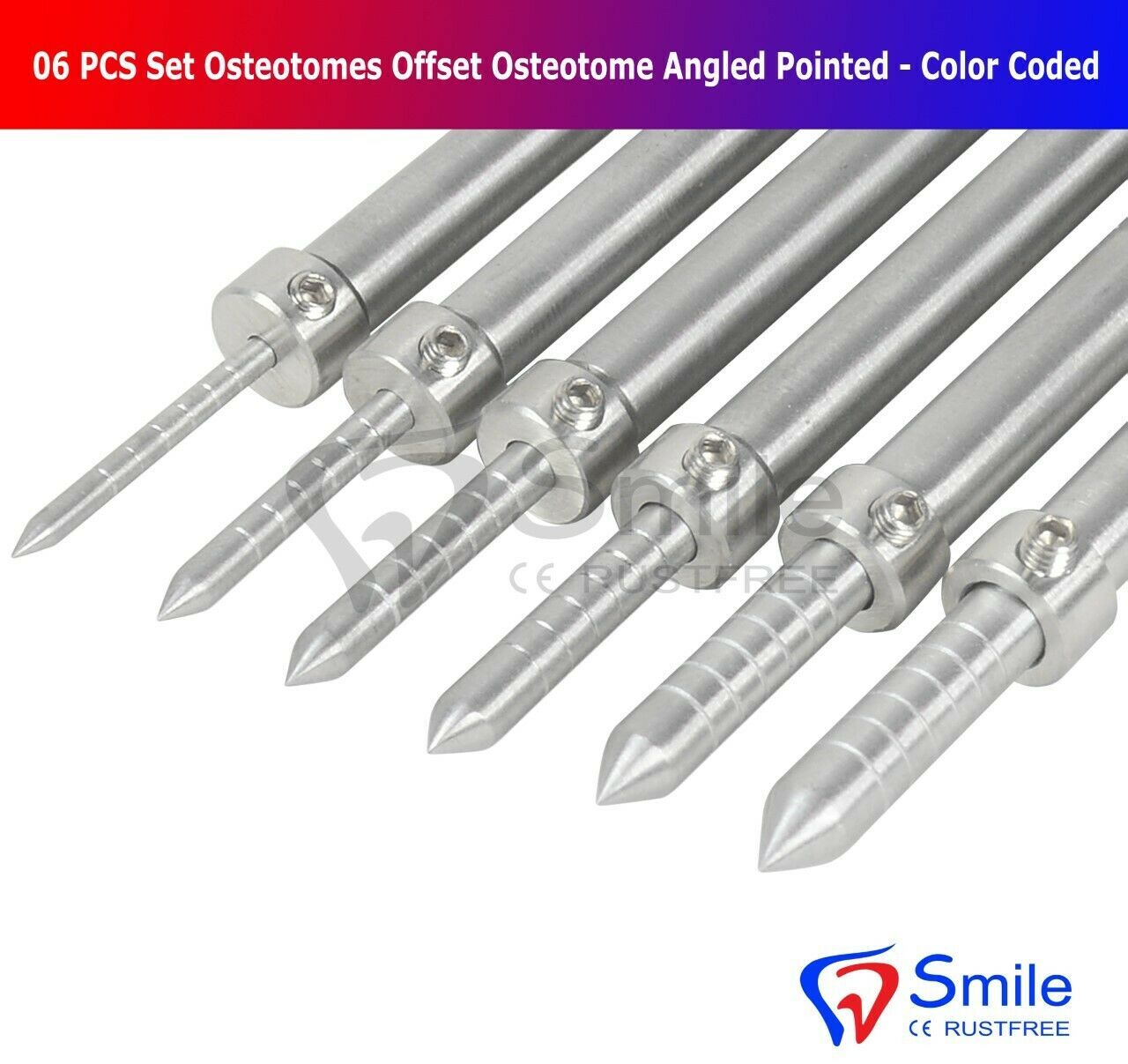Set oF 6 Osteotomes Offset Osteotome Angled Pointed With Allen Key Convex New CE