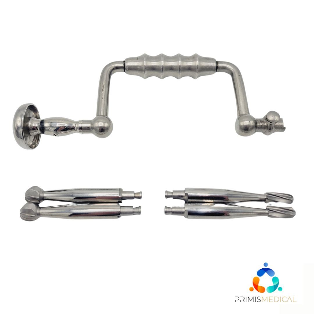 Hudson Brace Hand Drill Orthopedic w/ 2 Conical & 2 Round Hudson Burs Set 9-1/4″