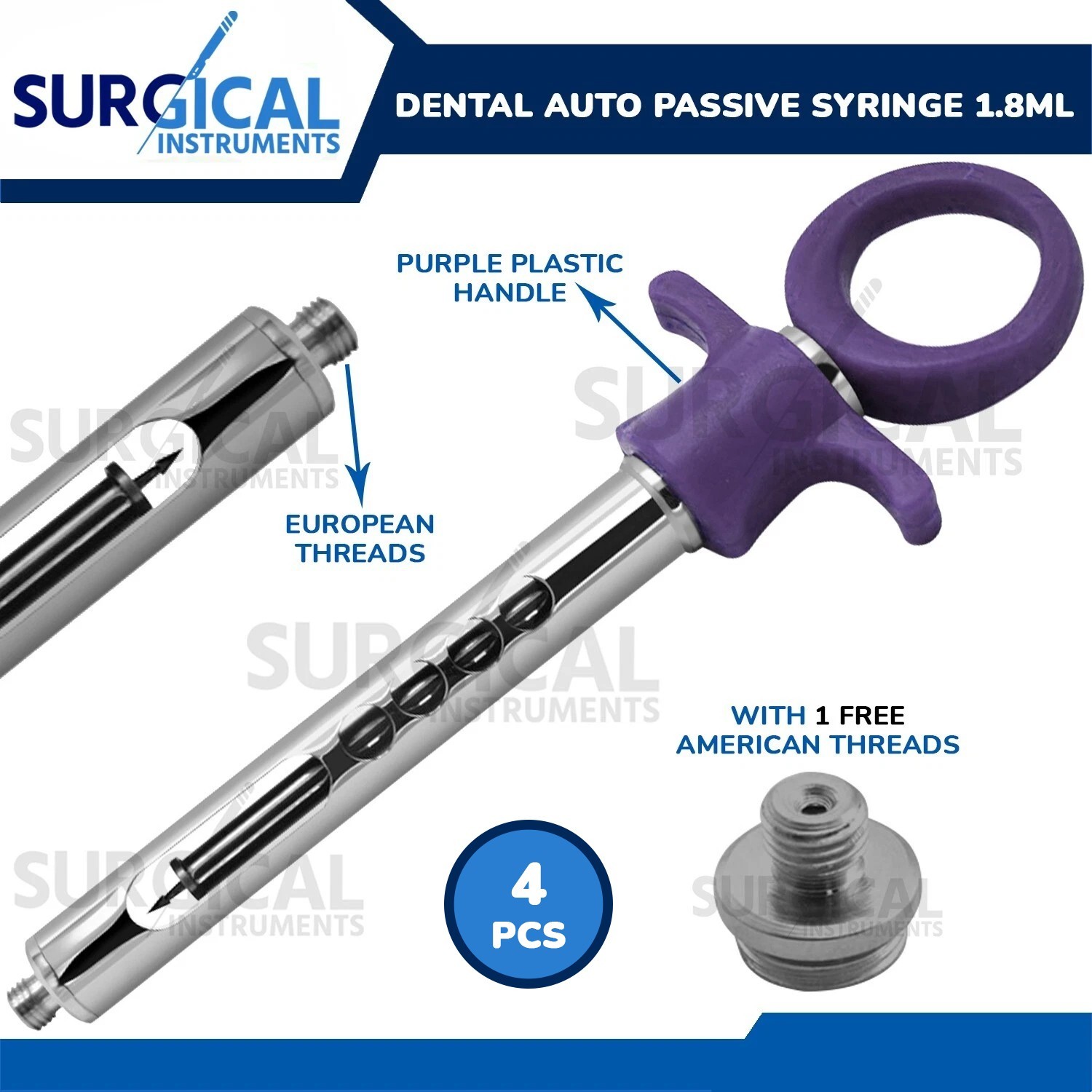 4 Pcs Dental Anesthetic Syringes 1.8ml Cartridge Auto Passive Purple German Gr