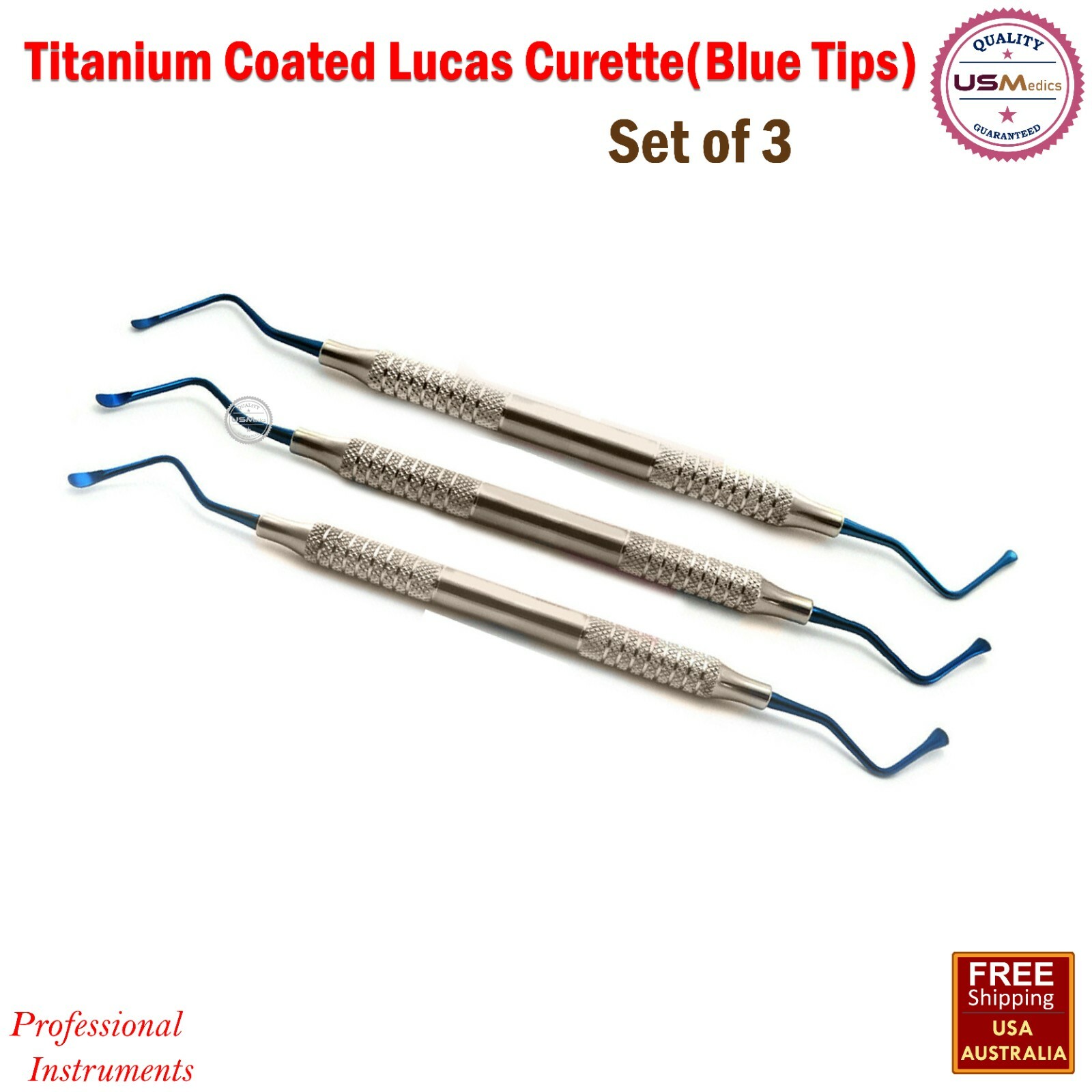 Surgical Dental Laboratory Lucas Bone Curettes Titanium Blue Tips Set of 3 NEW