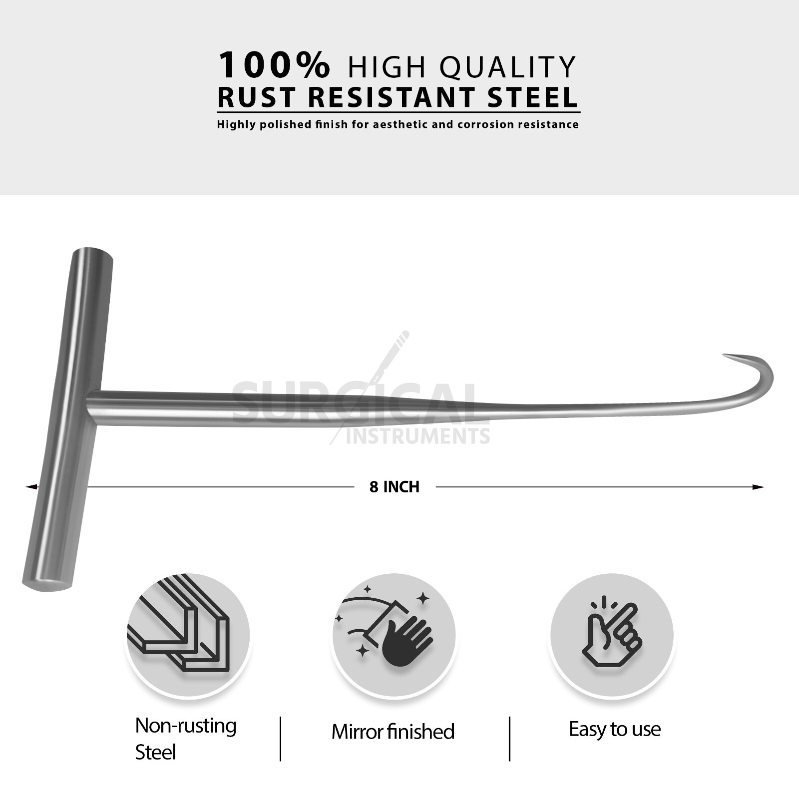 Bone Hook 8″ Sharp 20mm Deep Prong with T-Handle Stainless Steel German Grade