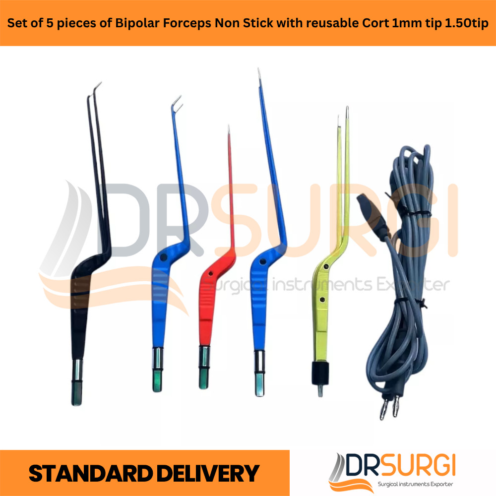 Set of 5 pieces of Bipolar Forceps Non Stick with reusable Cort 1mm tip 1.50tip