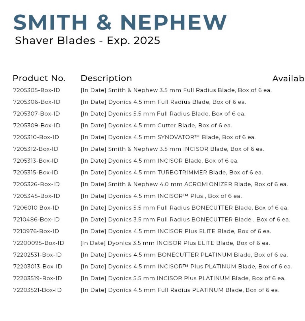 Smith & Nephew Shaver Blades. Any Kind Price for 1BX/6. Shaver System Available
