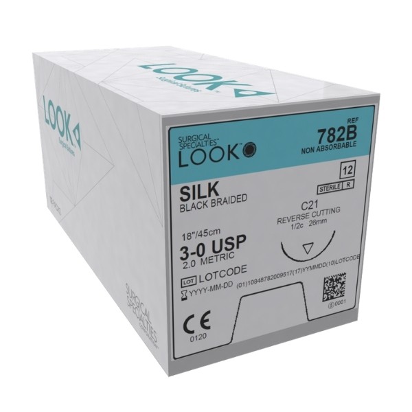 Look X782B Silk 3-0 Black Braided Sutures 18″ C21 1/2 Circle 26mm 12/Pk